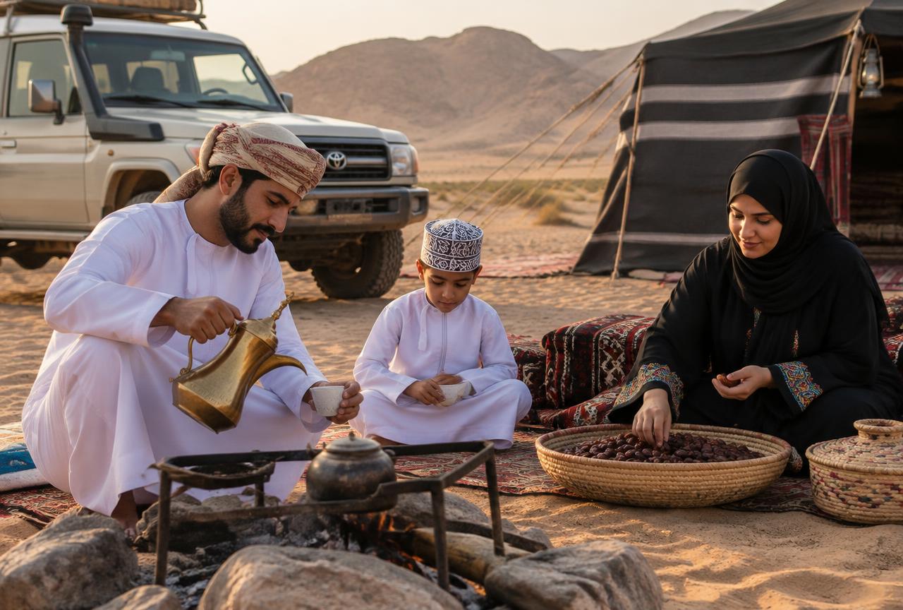 Coffee being poured at a desert camp beside a 4x4