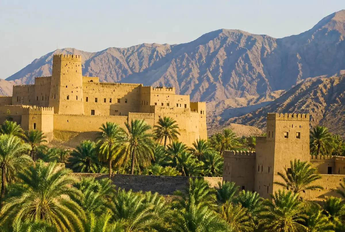 Omani mud-brick fort and watchtowers above a palm oasis with the Hajar mountains behind
