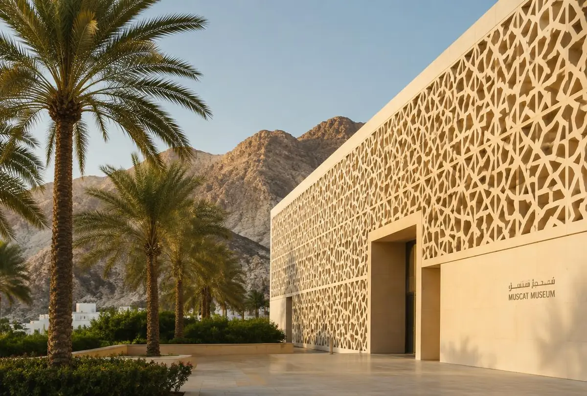 Modern Omani museum building with a carved stone lattice facade beside palm trees