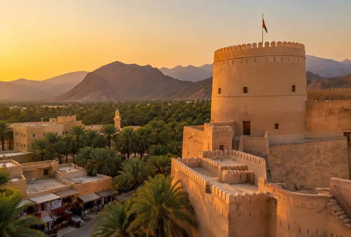 Nizwa fort above palm groves in Oman at golden hour