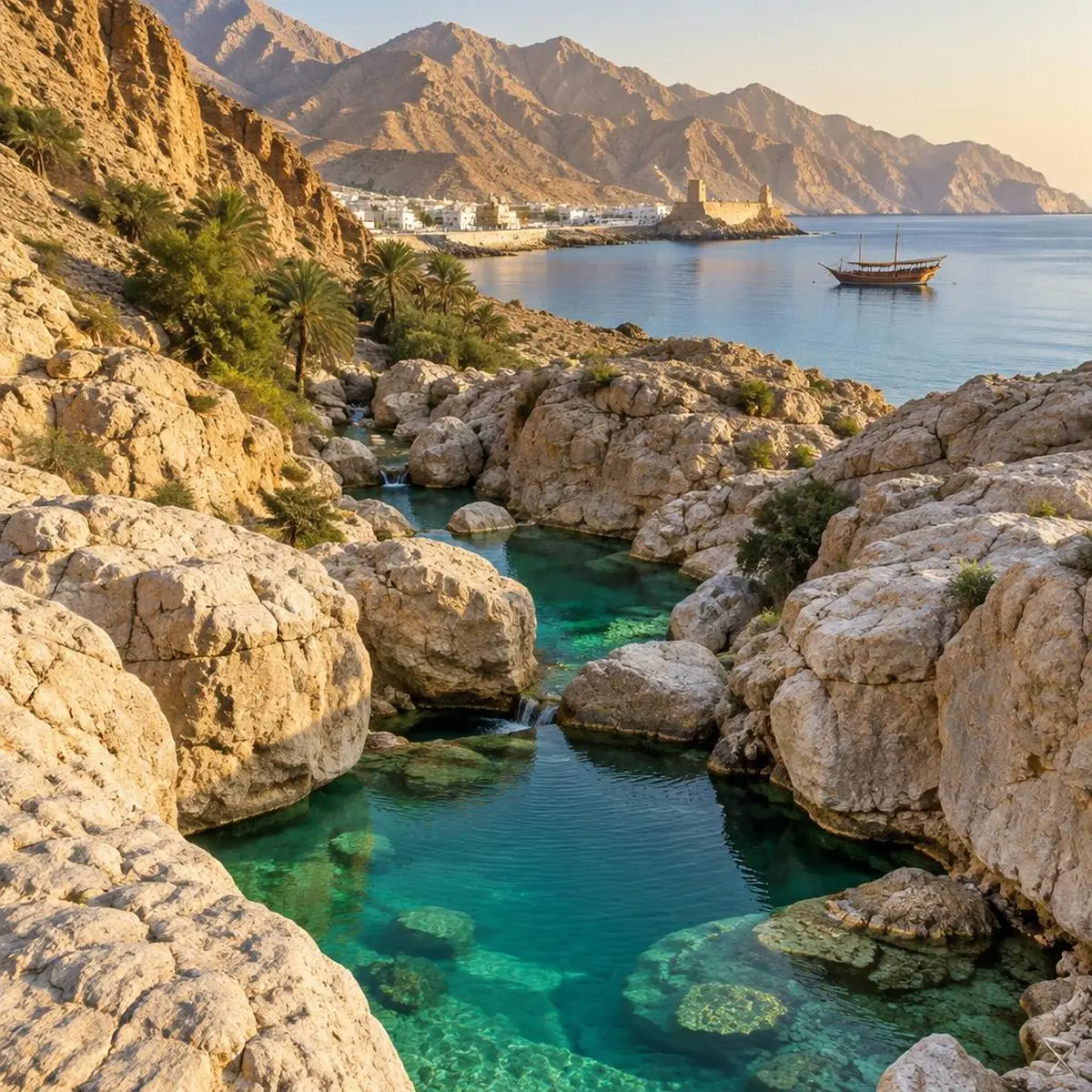 Turquoise pools between pale rocks in Wadi Al Arbeieen with the coast of Sur behind
