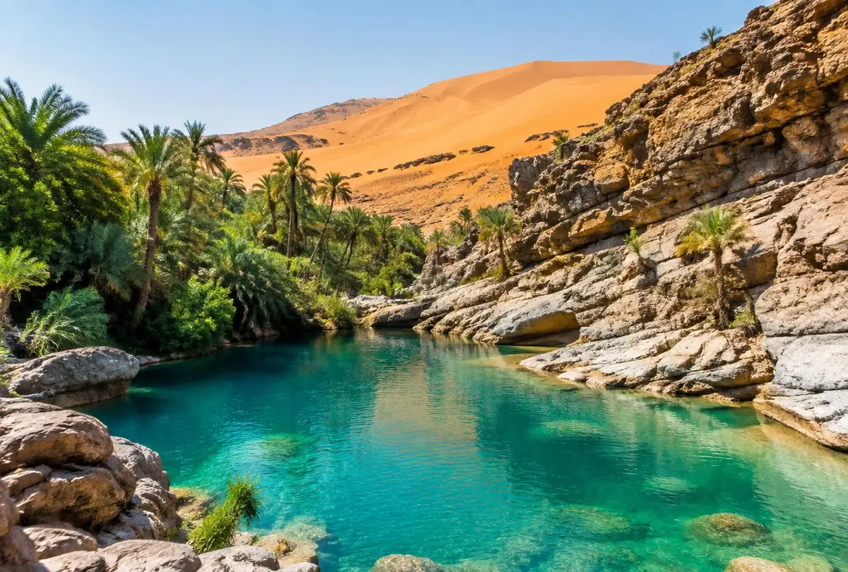 Turquoise wadi pool with palms and golden dunes behind, Oman