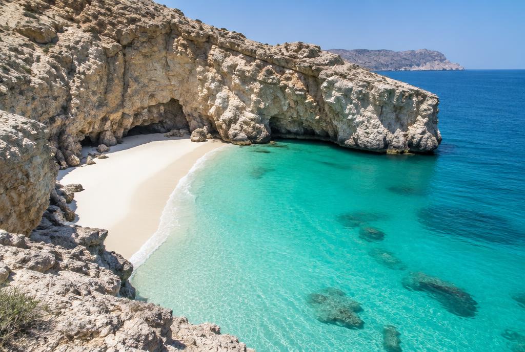 Hidden white sand cove with limestone cliffs on the Oman coast