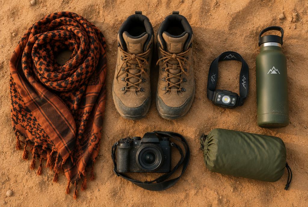 Desert camping gear laid out on sand: scarf, boots, headlamp, bottle and camera