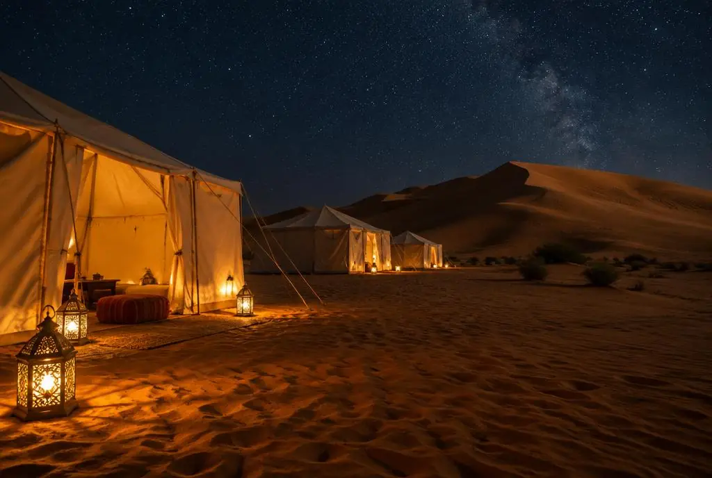 Lantern-lit desert camp in the Wahiba Sands at dusk
