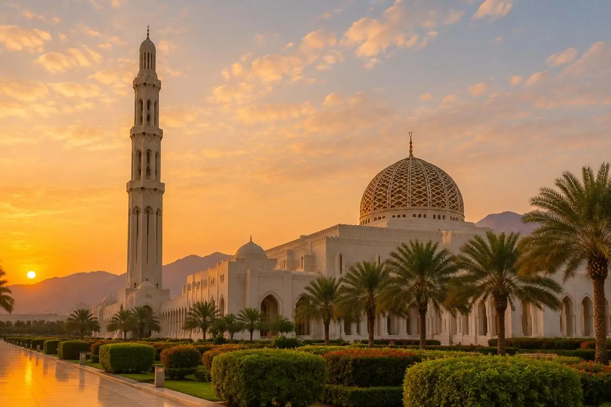 Sultan Qaboos Grand Mosque in Muscat at golden hour with palms and mountains behind