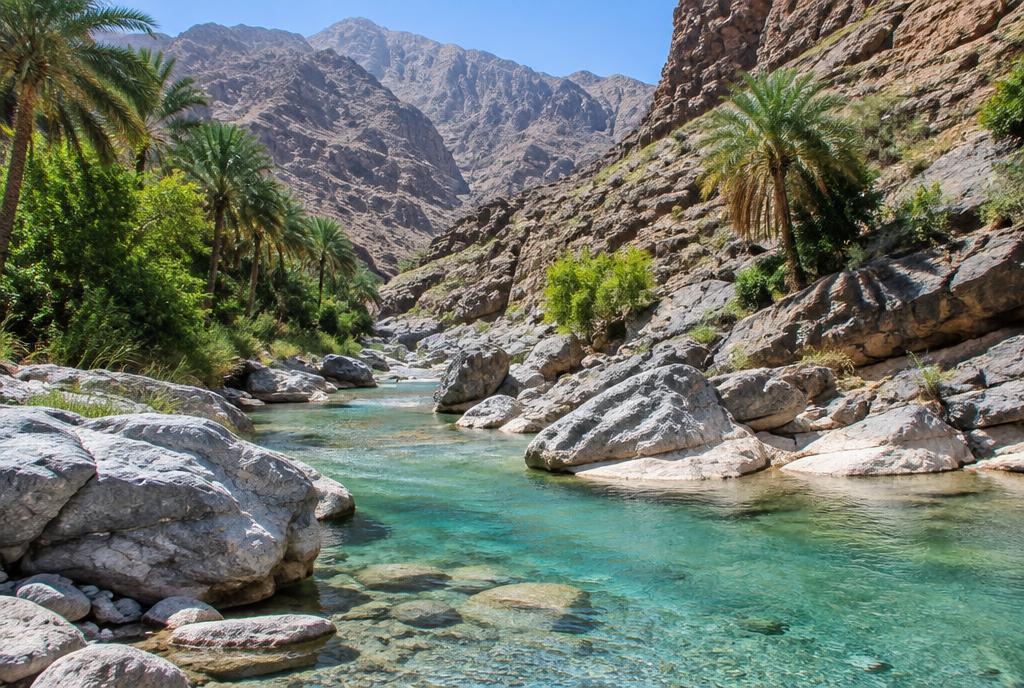 Clear turquoise wadi pool winding through Omani mountains