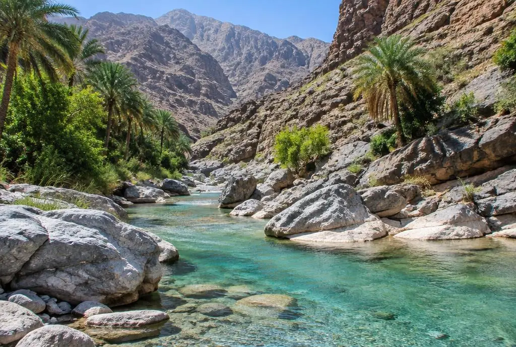 Clear turquoise wadi pool winding through Omani mountains